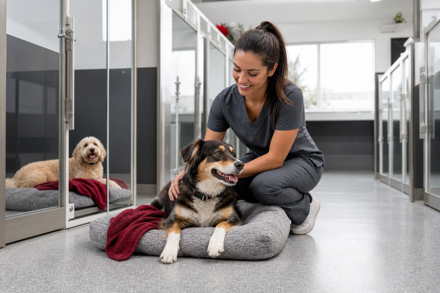 Cuidadora veterinaria supervisando perros durante su hospedaje