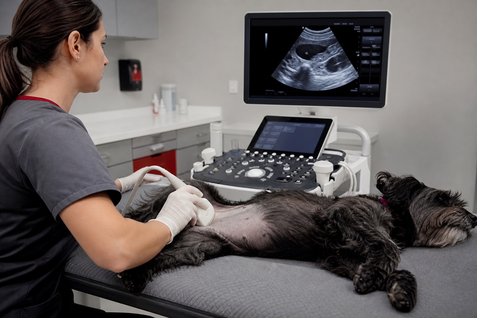 Veterinaria realizando un ultrasonido abdominal completo a un paciente canino