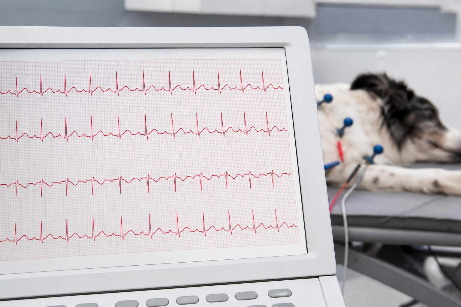 Electrocardiograma veterinario mostrando el ritmo cardíaco de un paciente canino