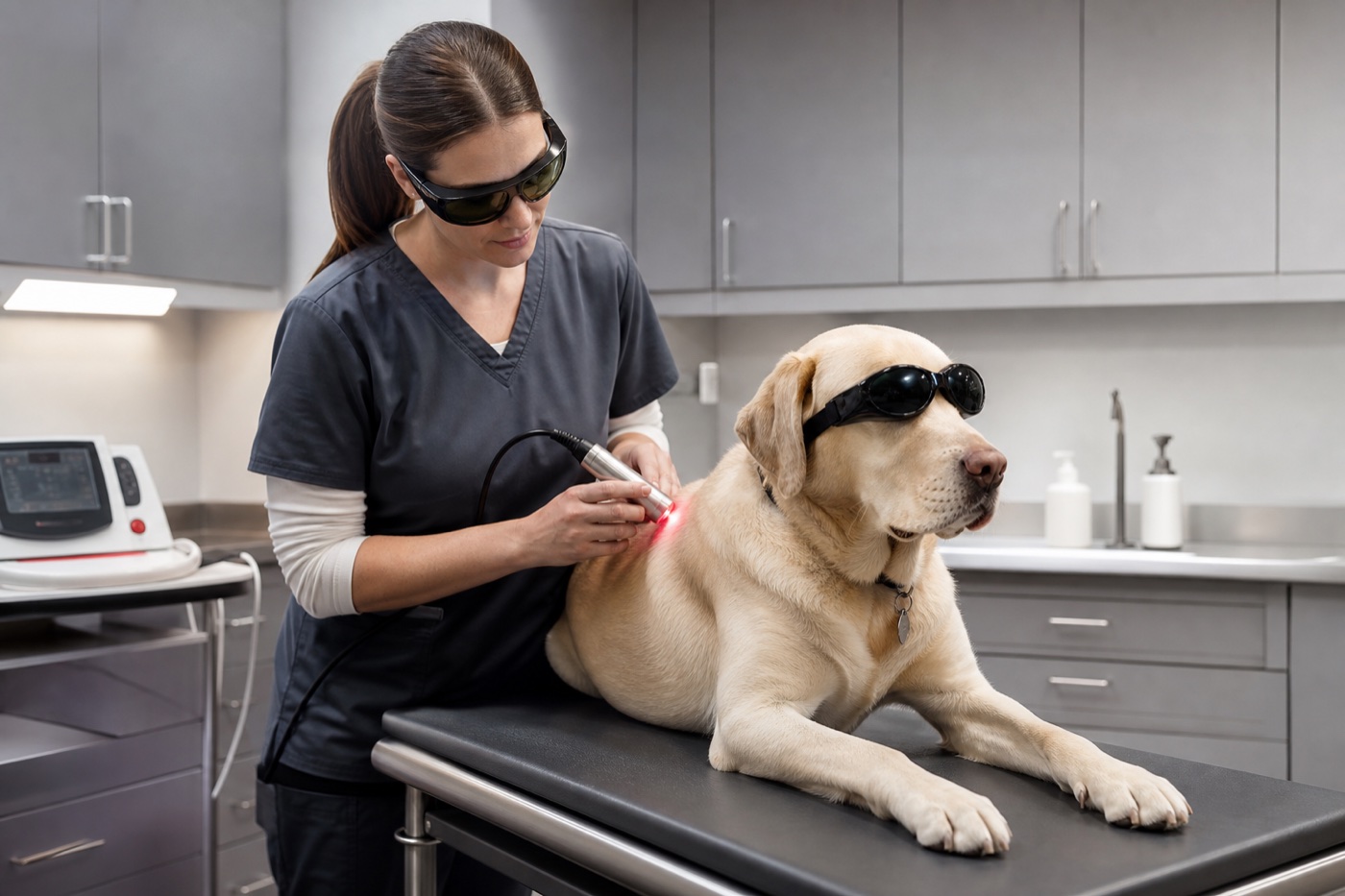Terapia láser veterinaria aplicada a un perro con protección ocular