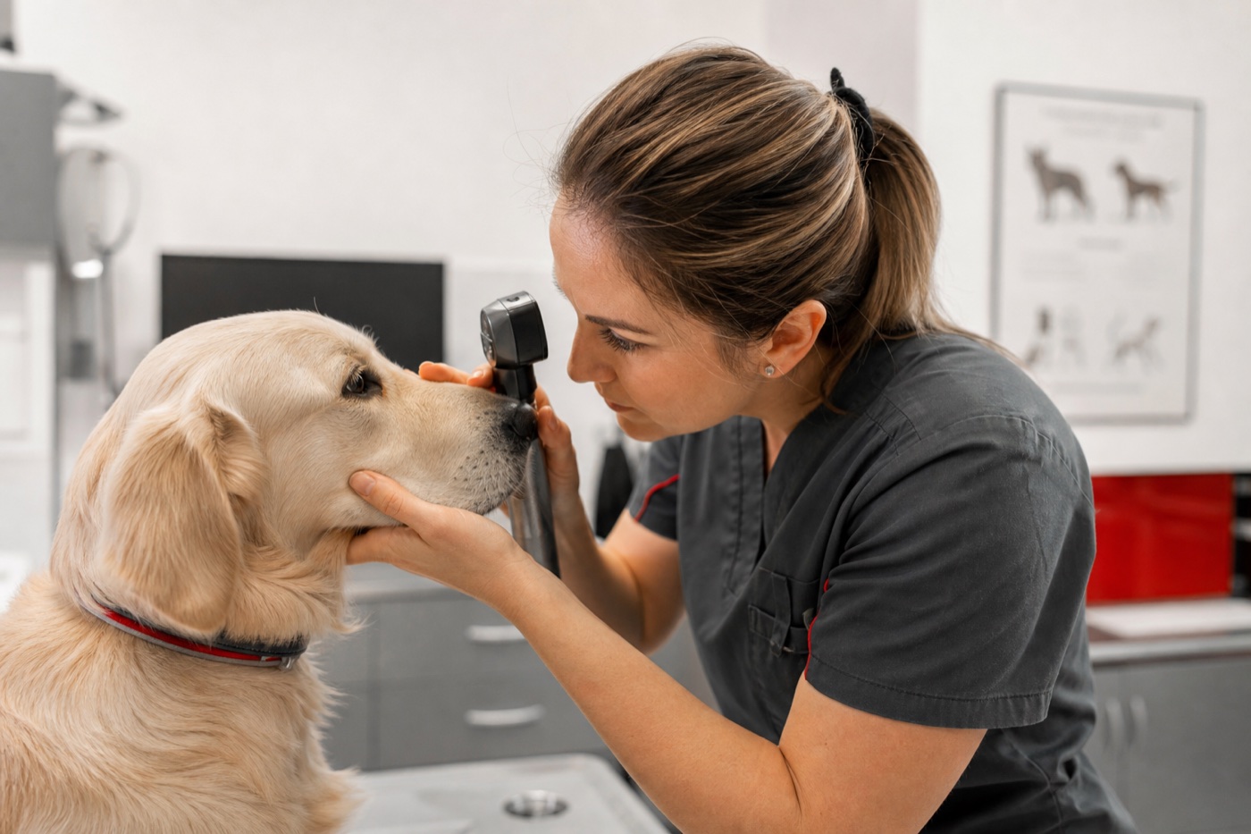 Evaluación oftálmica veterinaria a un perro